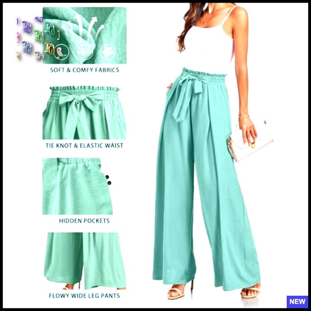 Wide Leg Palazzo Pants High Waisted Tie Knot Trousers Flowy Work Casual - Picture 3 of 7